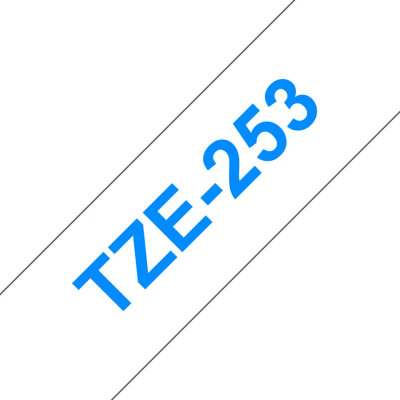Taśma Brother TZe-243 niebieski nadruk na białym tle, 24mm szerokości, laminowana